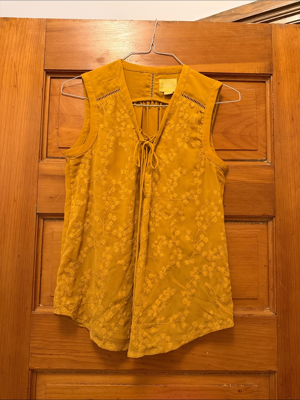 Maeve Mustard Embroidered Tie-Front Sleeveless Top